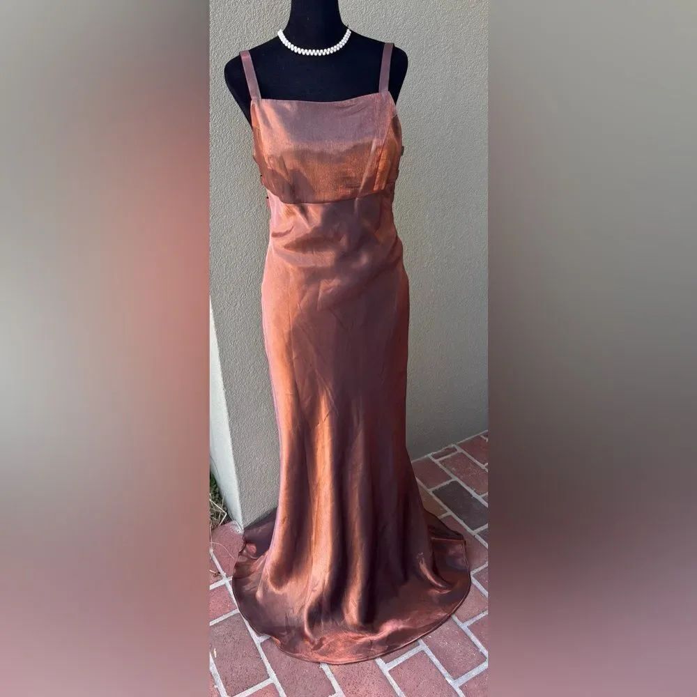 Gorgeous Faviana Copper Metallica Bronze Satin Full Length Dress with Squared Ne